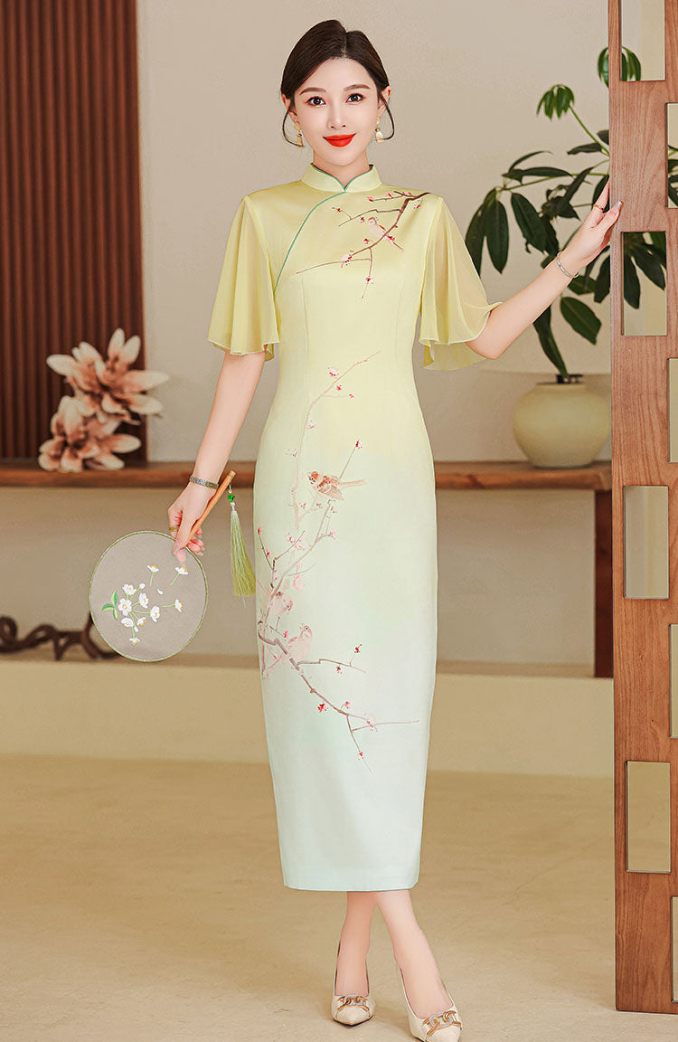 Elegant Flower Lotus Sleeves Cheongsam