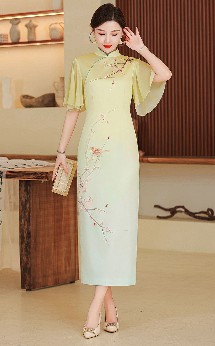 Elegant Flower Lotus Sleeves Cheongsam