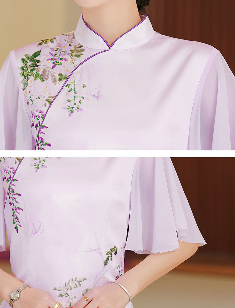 Elegant Flower Lotus Sleeves Cheongsam