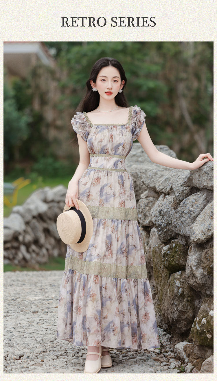 Square Collar Floral Long Dress