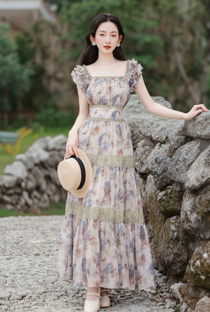 Square Collar Floral Long Dress