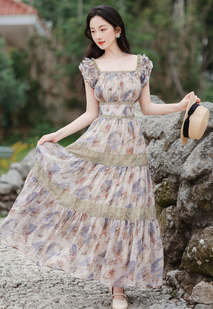 Square Collar Floral Long Dress