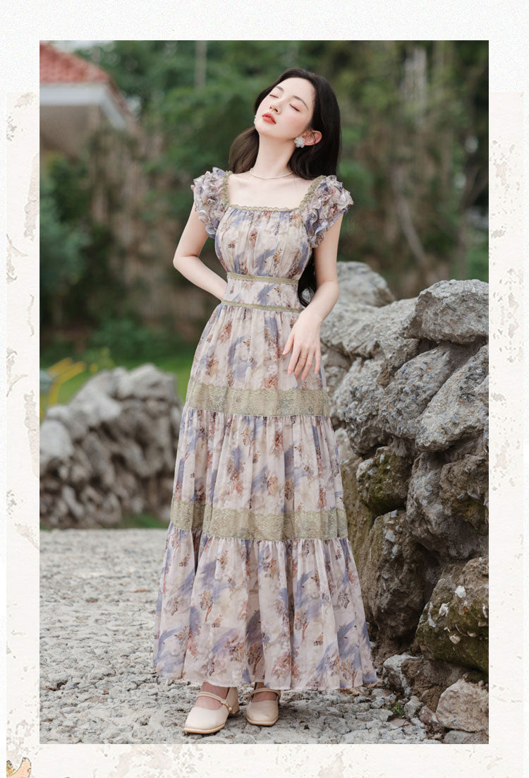 Square Collar Floral Long Dress