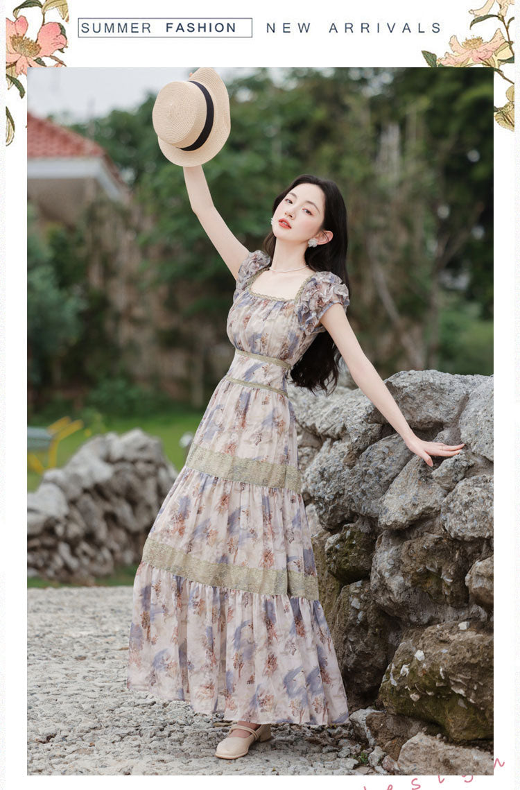 Square Collar Floral Long Dress