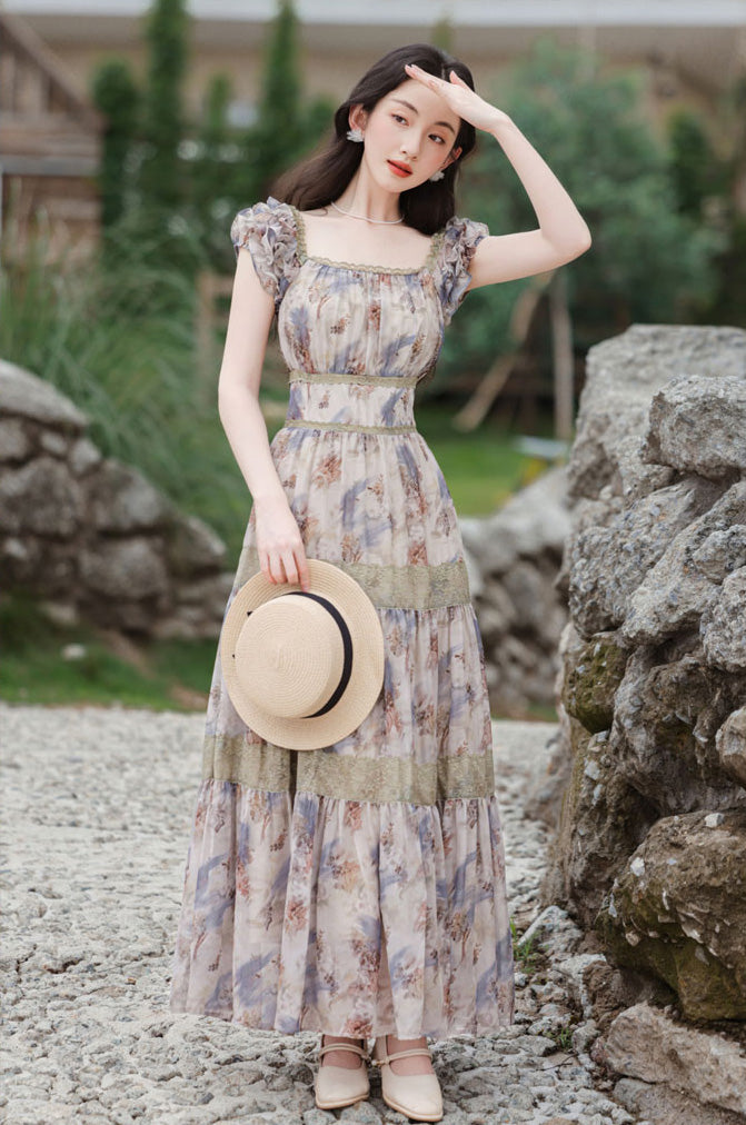 Square Collar Floral Long Dress