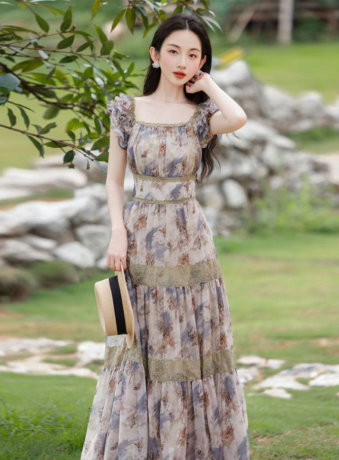 Square Collar Floral Long Dress