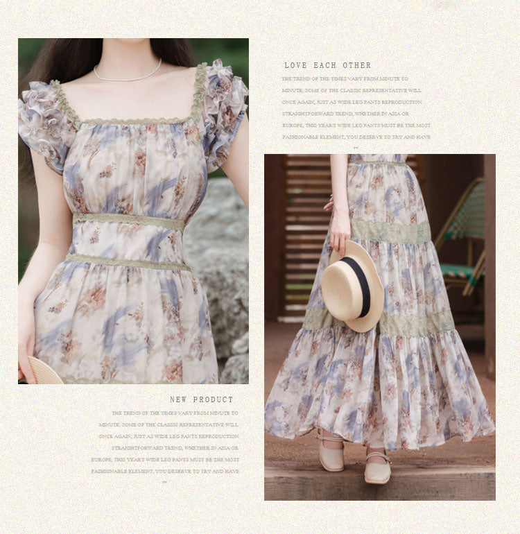 Square Collar Floral Long Dress