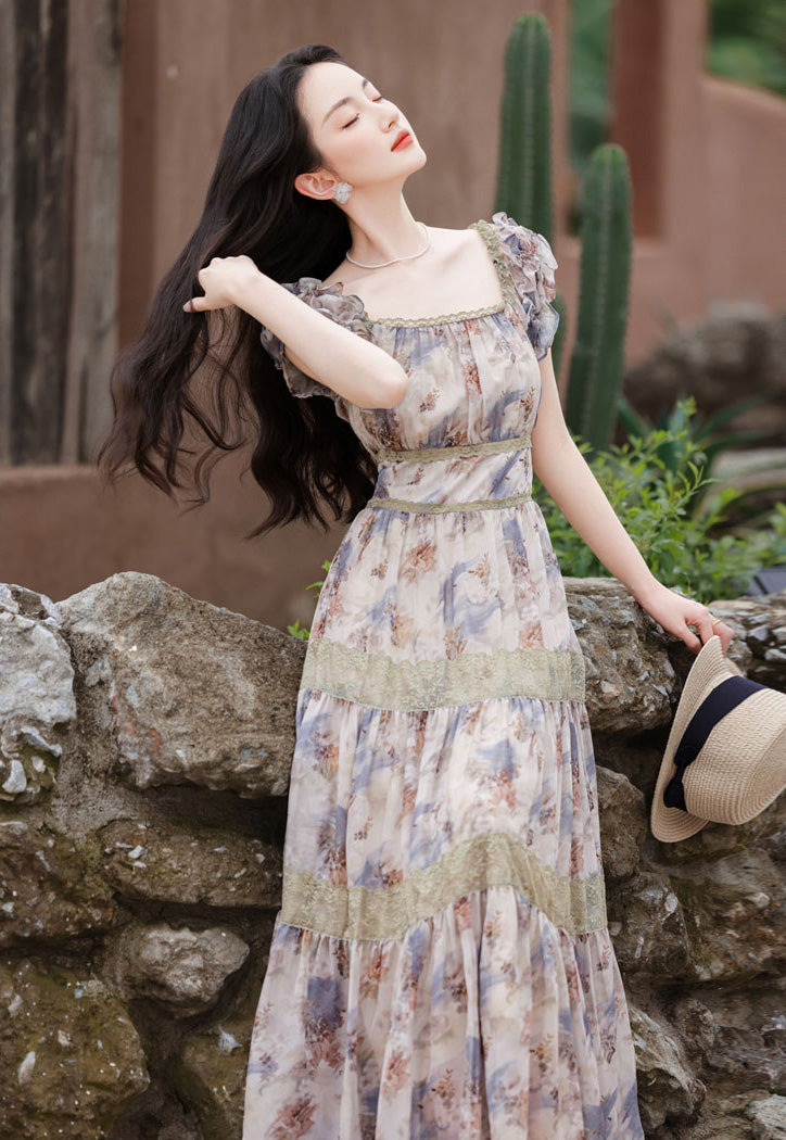 Square Collar Floral Long Dress