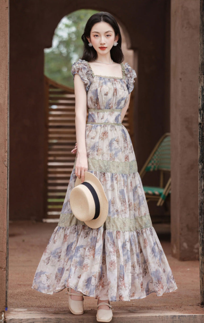 Square Collar Floral Long Dress