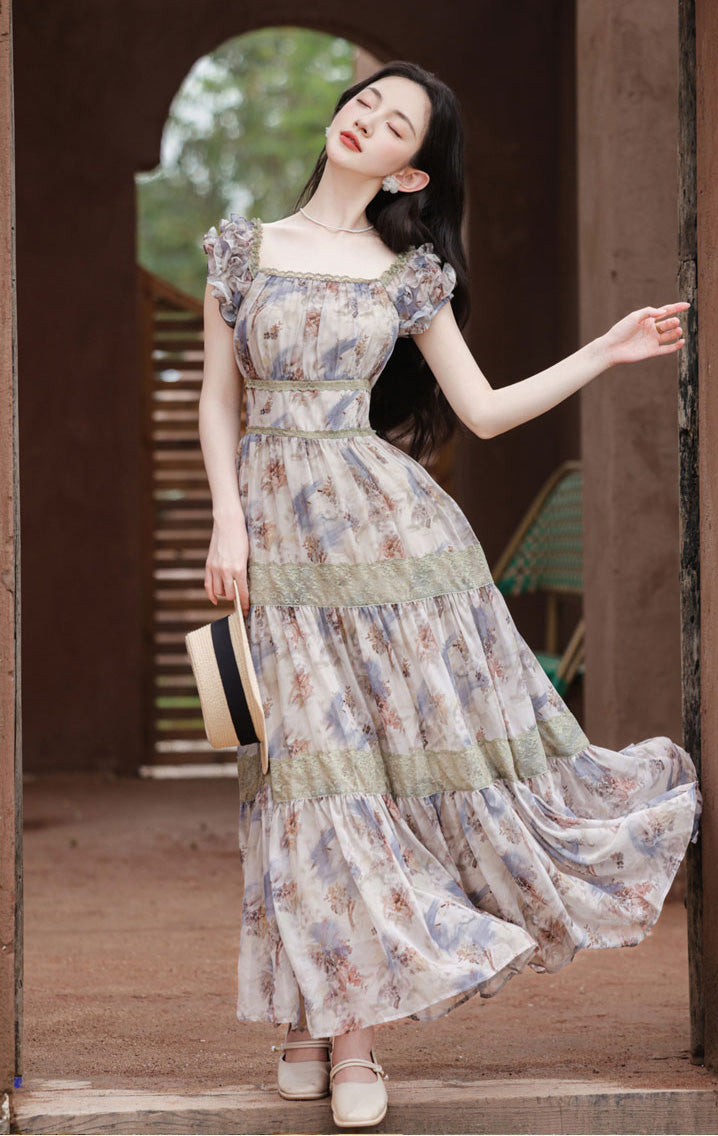 Square Collar Floral Long Dress