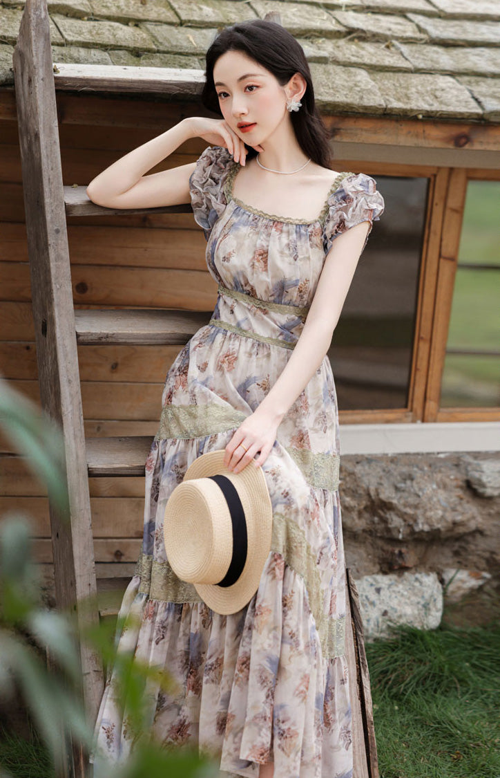 Square Collar Floral Long Dress