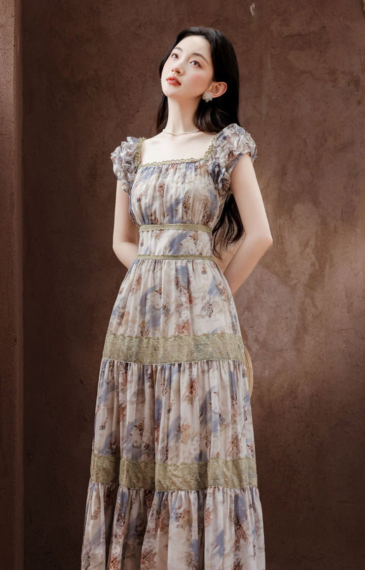 Square Collar Floral Long Dress