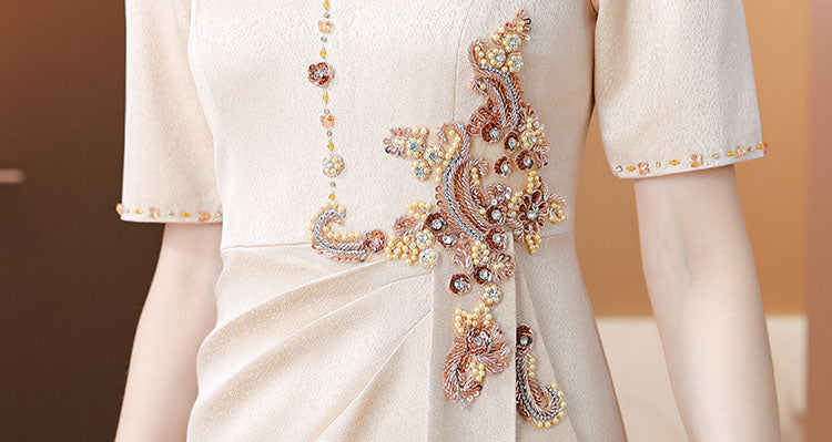 Champagne Color V-neck Beaded Banquet Dress