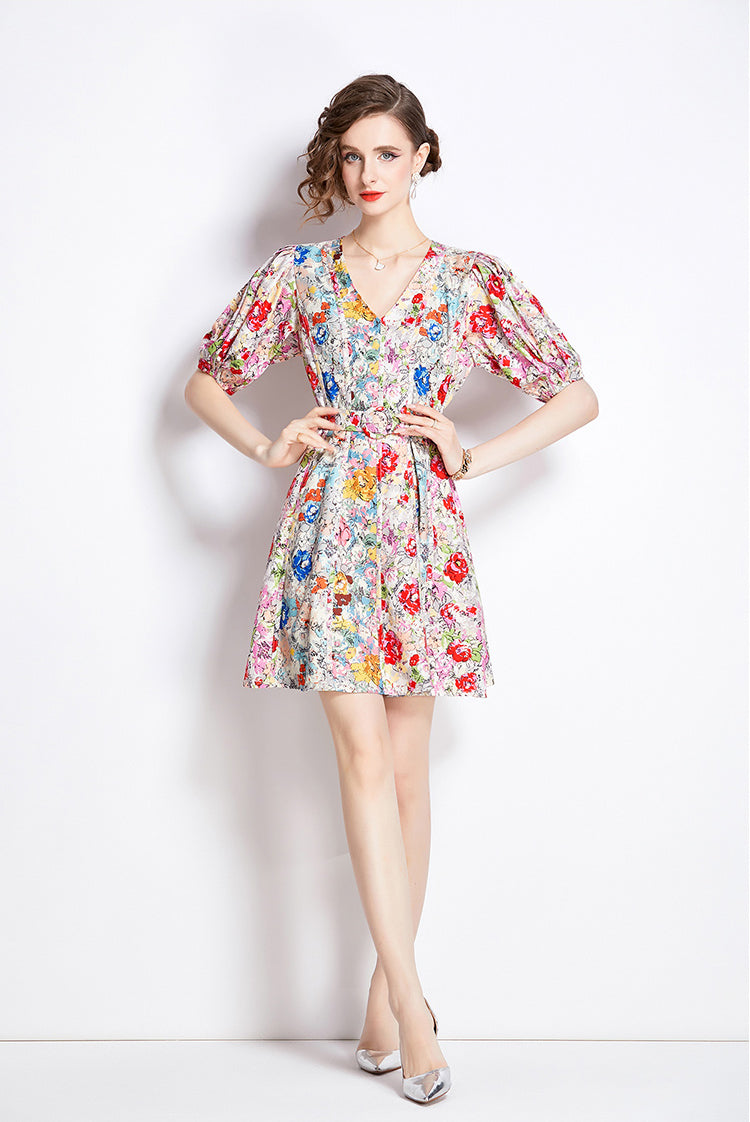 V-neck Retro Floral Mini Dress