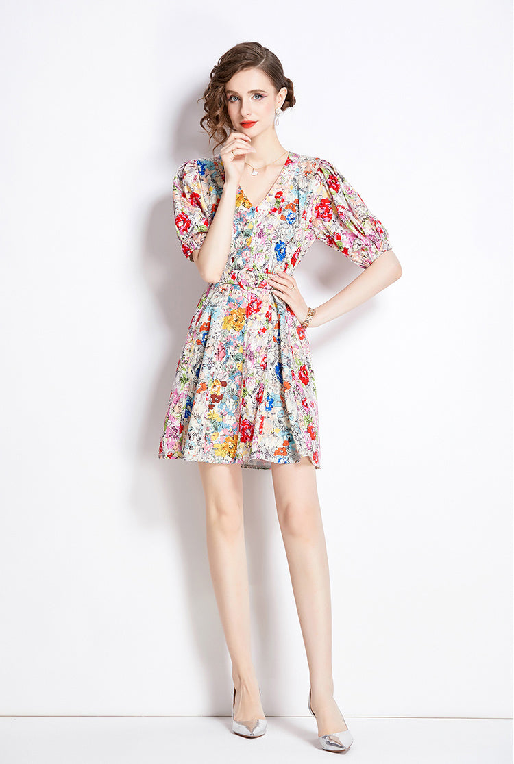 V-neck Retro Floral Mini Dress