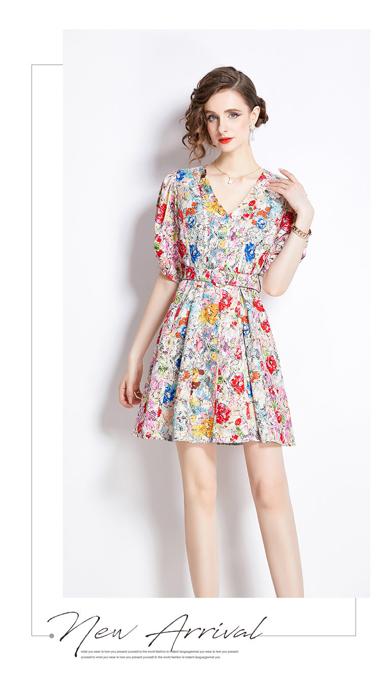 V-neck Retro Floral Mini Dress