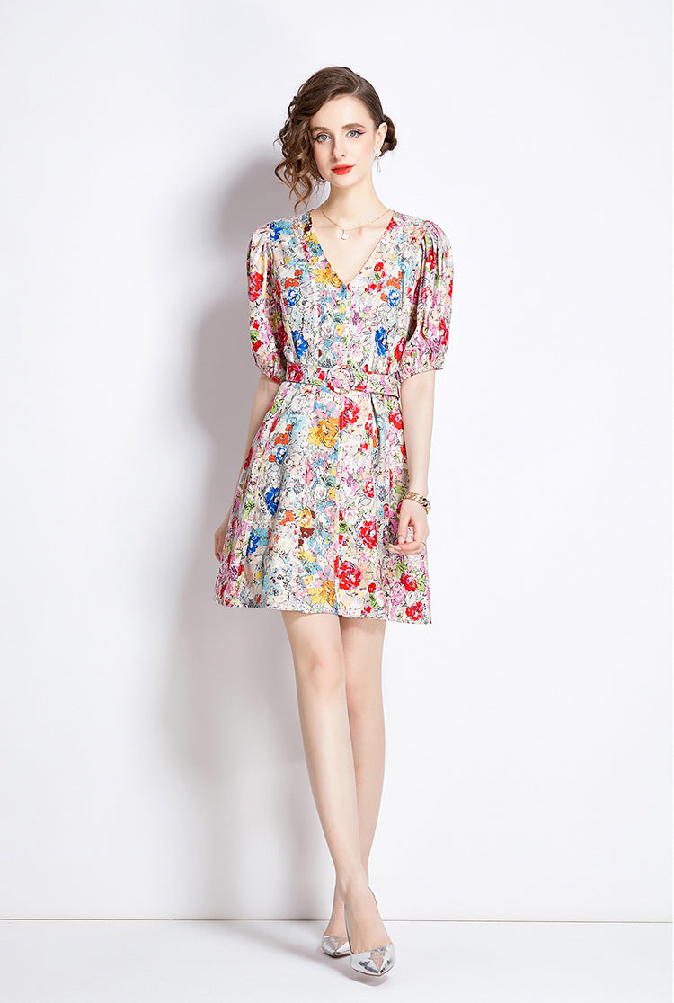 V-neck Retro Floral Mini Dress