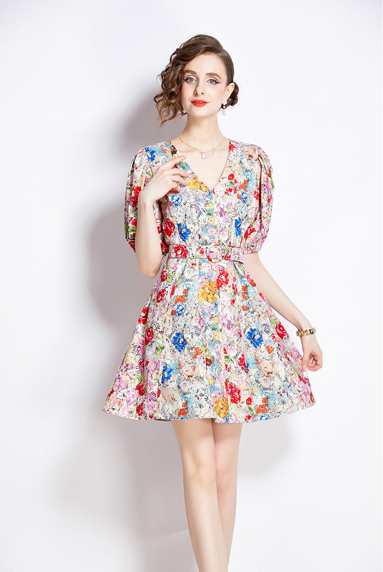 V-neck Retro Floral Mini Dress