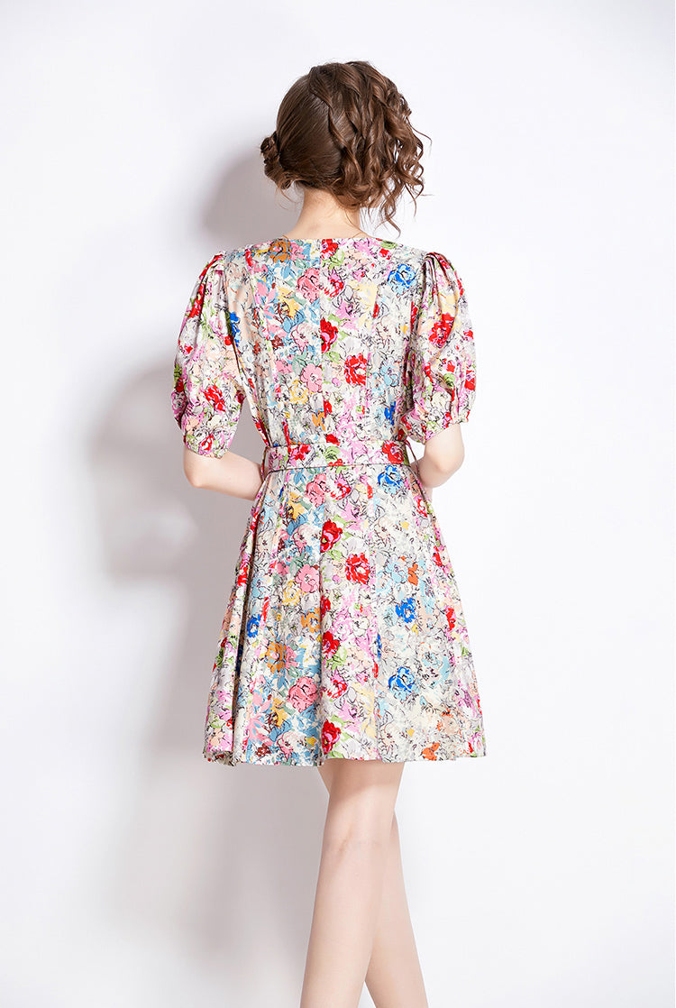 V-neck Retro Floral Mini Dress