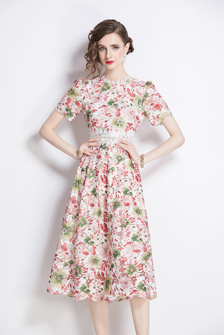 Pink Floral Lace Hollow Mid-length Dress