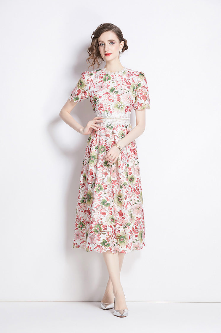 Pink Floral Lace Hollow Mid-length Dress