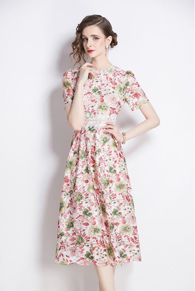 Pink Floral Lace Hollow Mid-length Dress