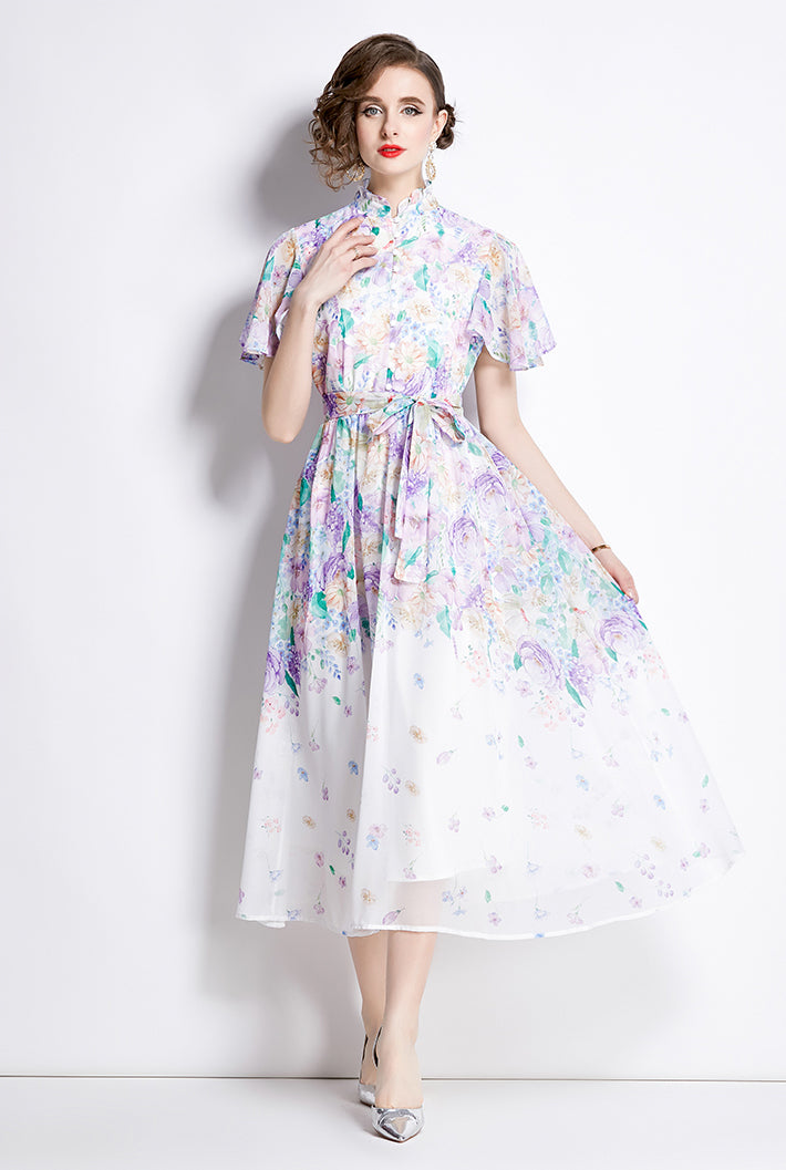 White Floral Colorful Fungus Collar Dress