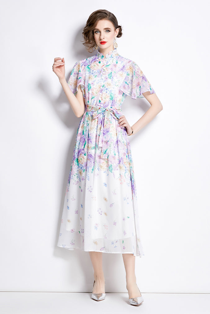 White Floral Colorful Fungus Collar Dress