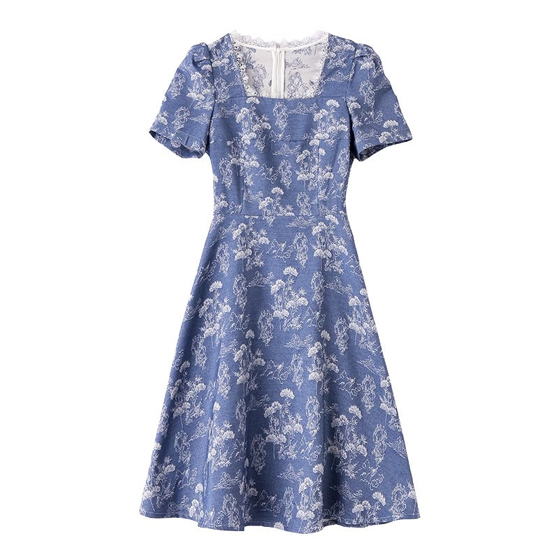 Blue Square Collar Elegant Mini Dress