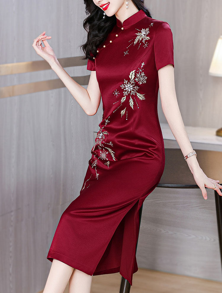 Claret Red Cheongsam Banquet Dress