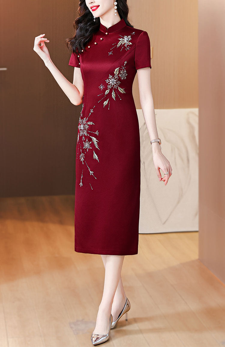 Claret Red Cheongsam Banquet Dress