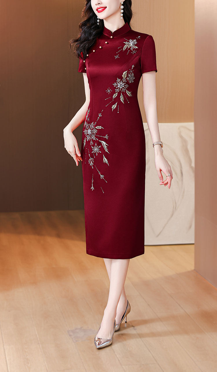 Claret Red Cheongsam Banquet Dress