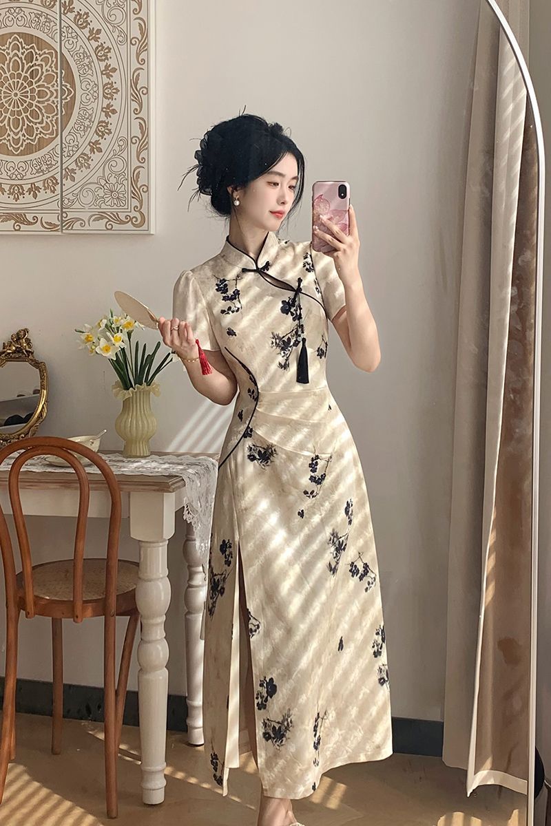 Apricot Floral Pleated Cheongsam