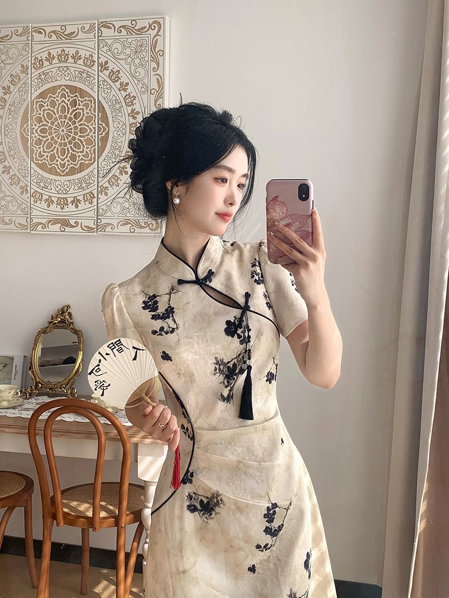 Apricot Floral Pleated Cheongsam