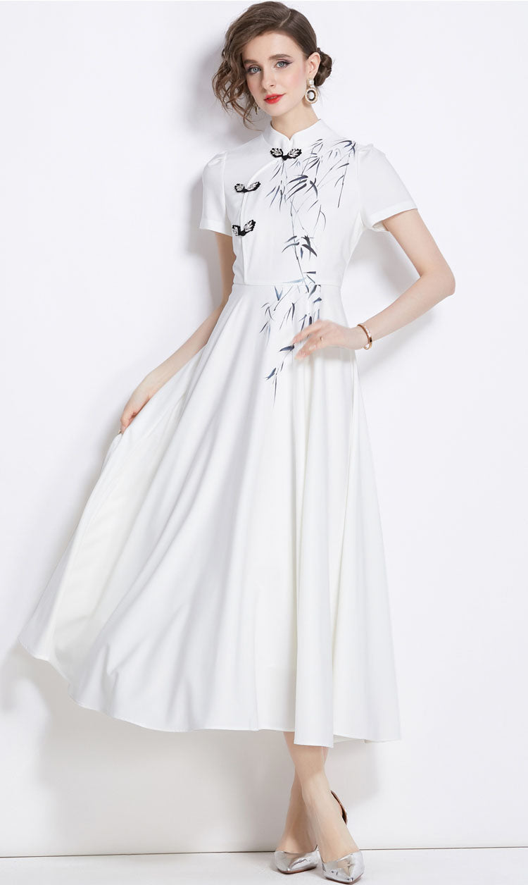 White Short-sleeved Ink Printed Cheongsam Dress