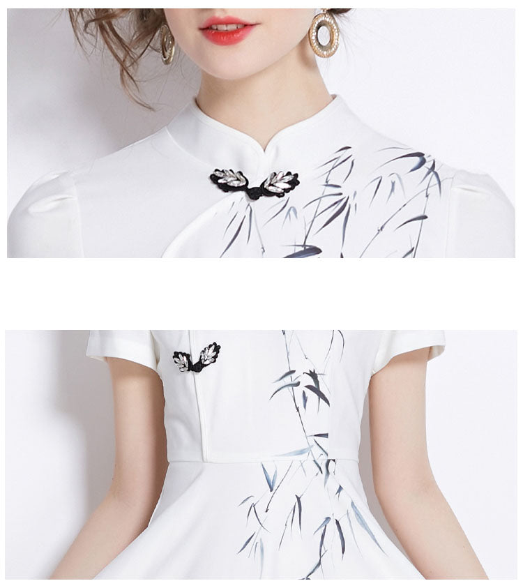 White Short-sleeved Ink Printed Cheongsam Dress