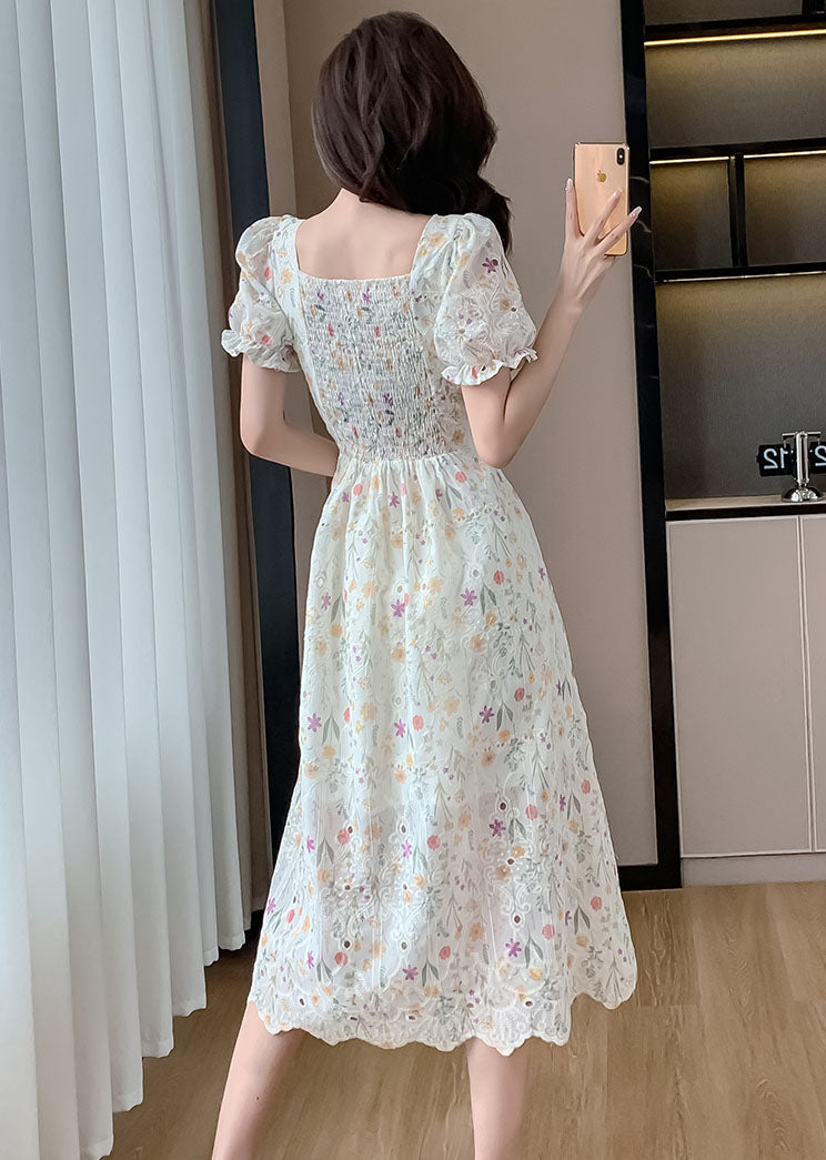 Pastoral Puff Sleeve Floral Mid-length Dress