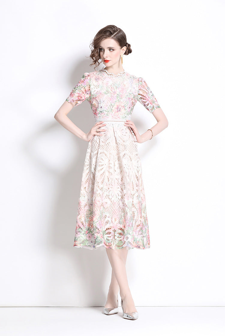 Light Pink Floral Lace Hollow Mid-length Dress