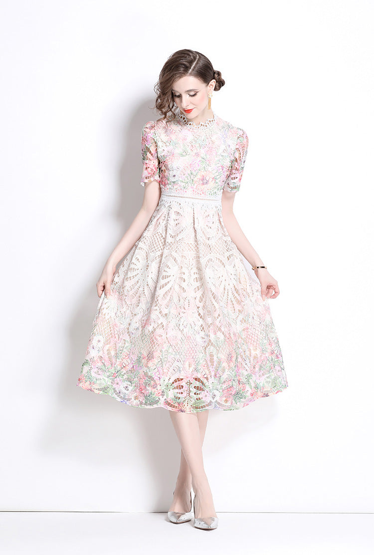 Light Pink Floral Lace Hollow Mid-length Dress