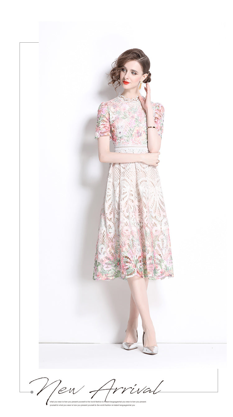 Light Pink Floral Lace Hollow Mid-length Dress