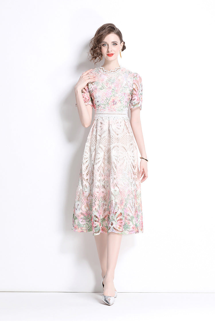 Light Pink Floral Lace Hollow Mid-length Dress