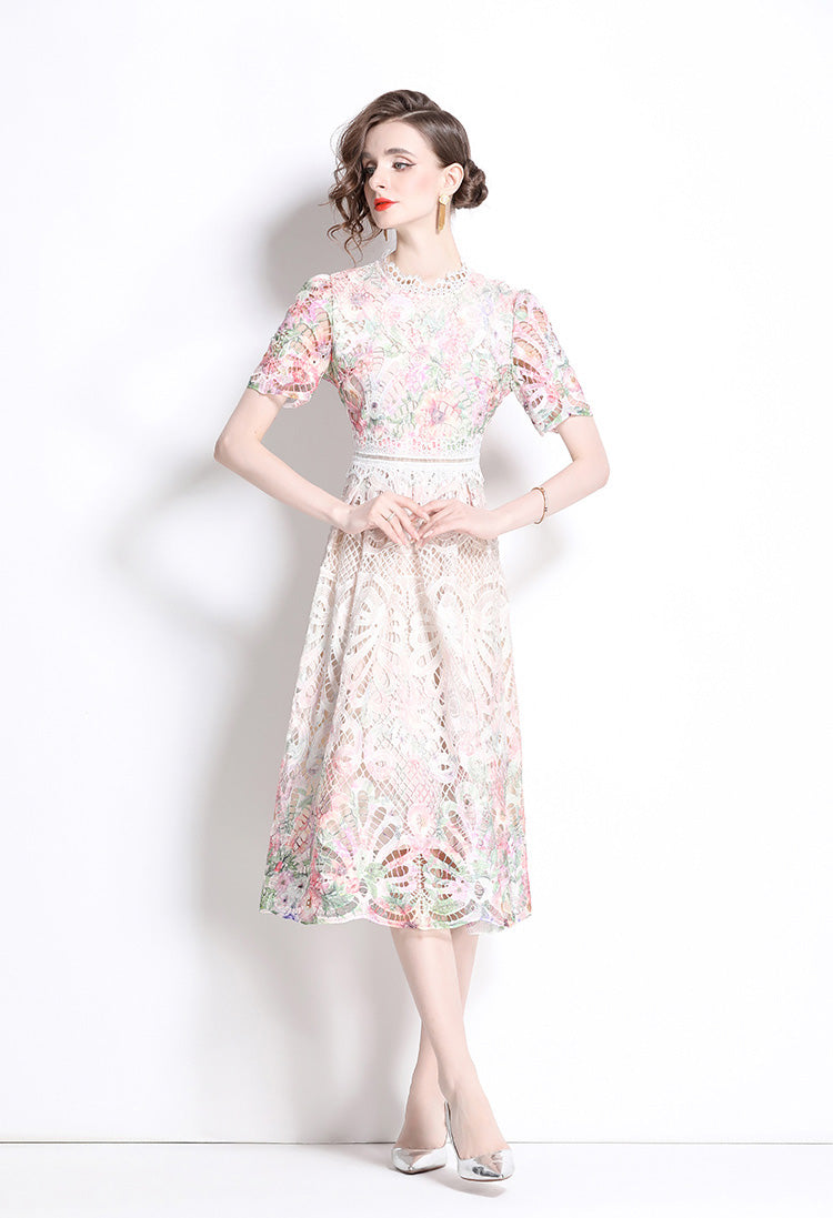 Light Pink Floral Lace Hollow Mid-length Dress