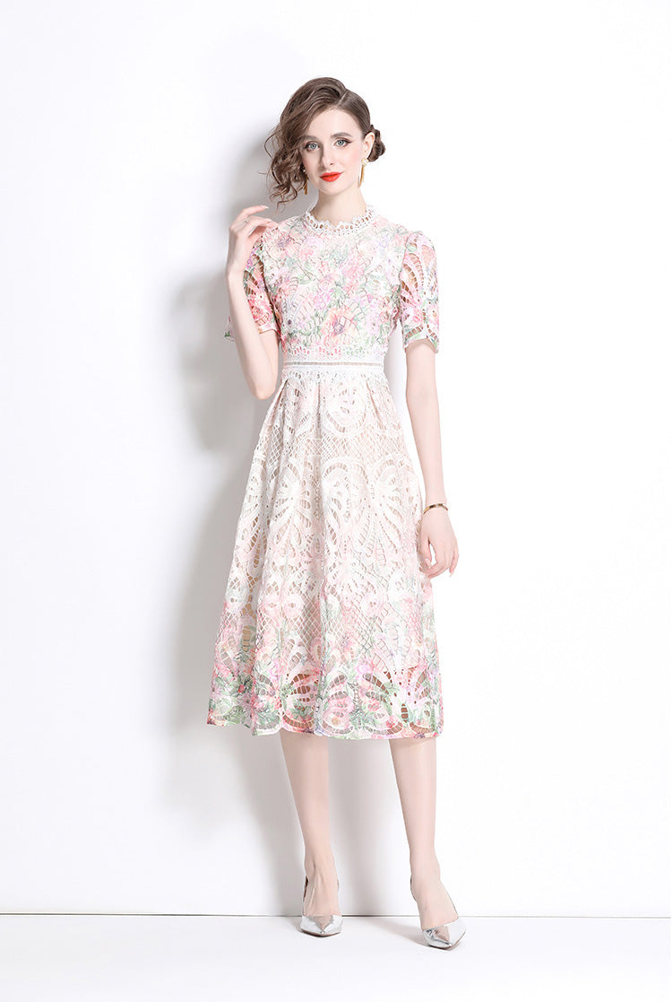 Light Pink Floral Lace Hollow Mid-length Dress