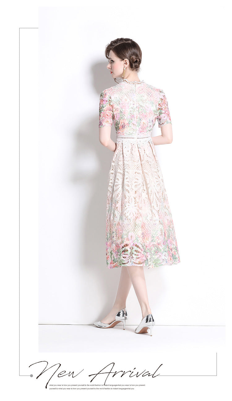 Light Pink Floral Lace Hollow Mid-length Dress