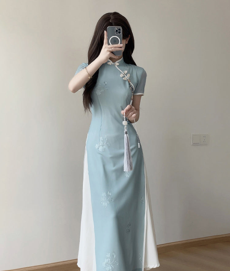 Blue Stitching White Cheongsam