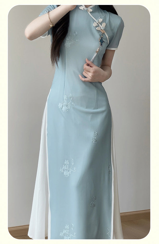 Blue Stitching White Cheongsam