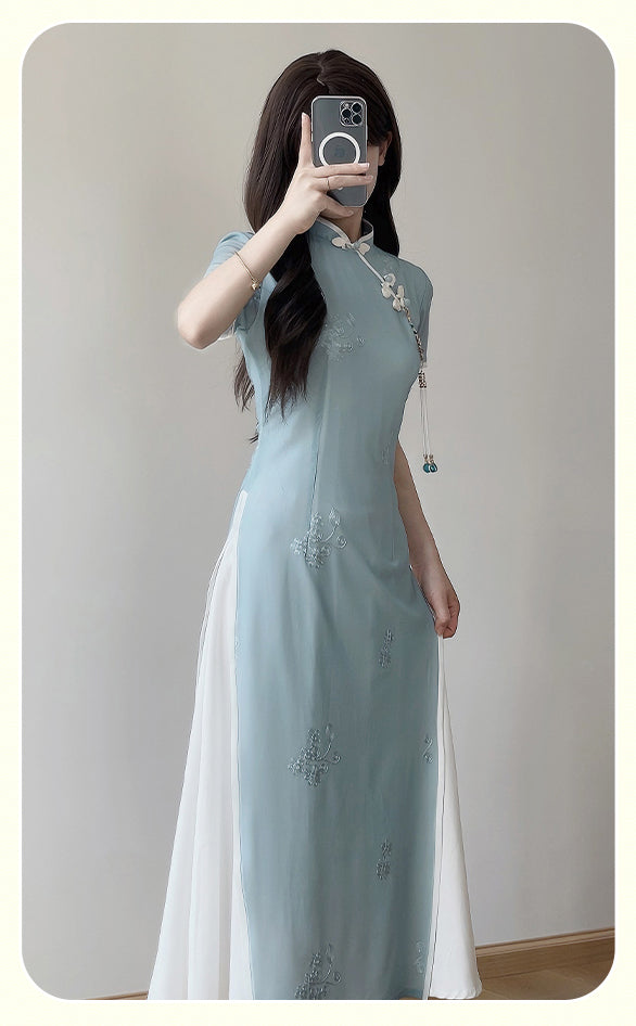 Blue Stitching White Cheongsam