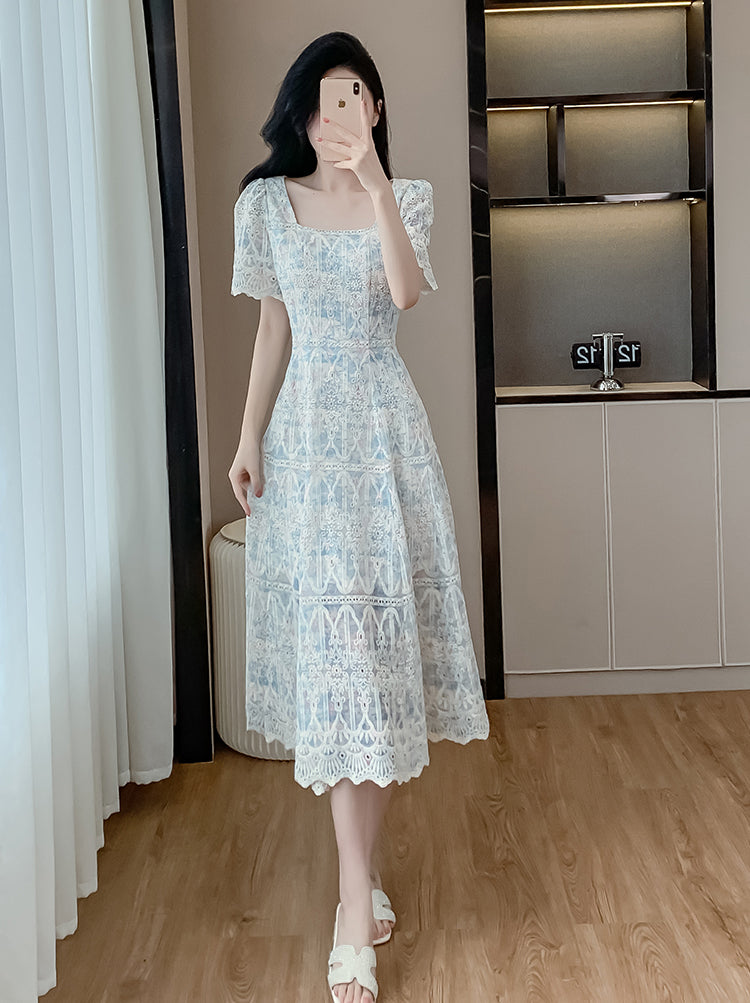 Blue Square Collar Lace Embroidery Dress