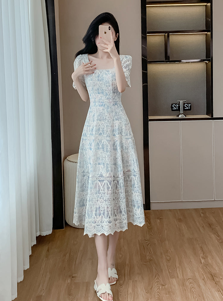 Blue Square Collar Lace Embroidery Dress