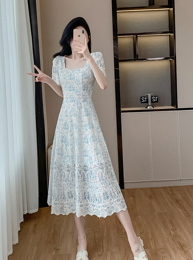 Blue Square Collar Lace Embroidery Dress